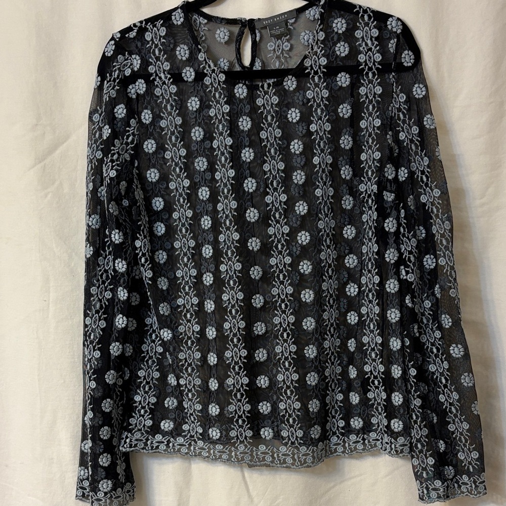 Suzy Shier Black and Gray Floral Lace Blouse